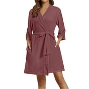 Women Robes Knee Length Waffle Knit Soft Bathrobe Lightweight Loungewear